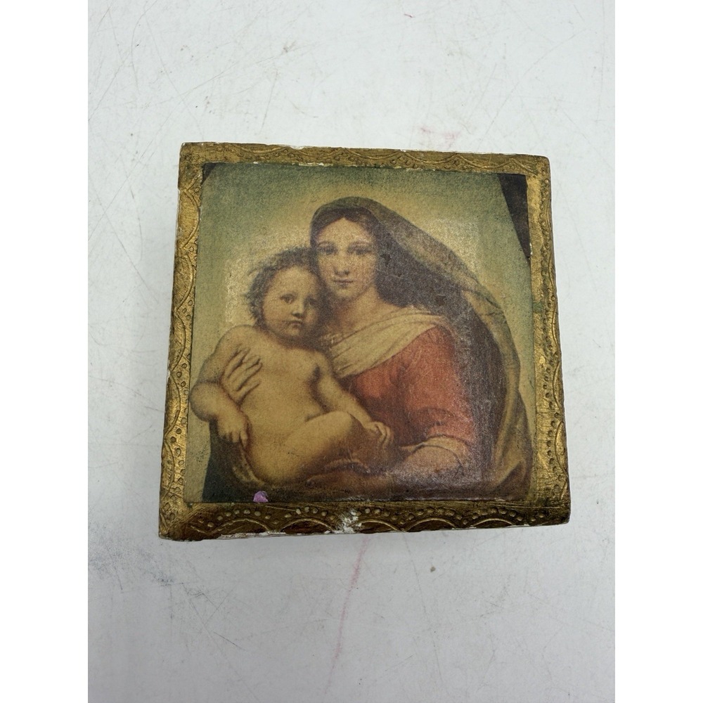 Florentia Italy Madonna & Child Gilt Wood Trinket Box Religious Icon